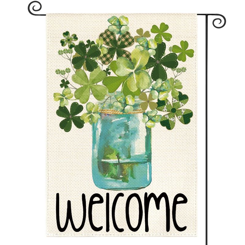 Photo 1 of **BUNDLE**(5 qty)AVOIN colorlife Welcome Watercolor Lucky Clover St Patricks Day Garden Flag Double Sided, Shamrock Jar Yard Outdoor Flag 12x18 Inch Garden Size-12 x 18"