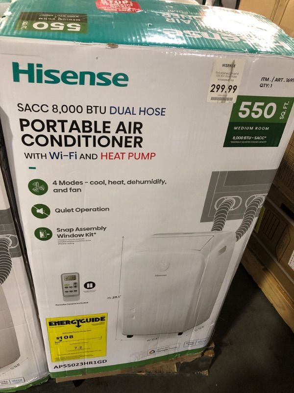 Photo 3 of ***USED - POWERS ON - UNABLE TO TEST FURTHER - LIKELY MISSING PARTS***
Hisense Smart SACC 8,000 BTU Dual Hose Portable Air Conditioner with Heat Pump, 4-modes (Cool, Heat, Fan, Dehumidifier) WiFi, Remote, Up to 550 sq. ft., AP55023HR1GD White - (Renewed)