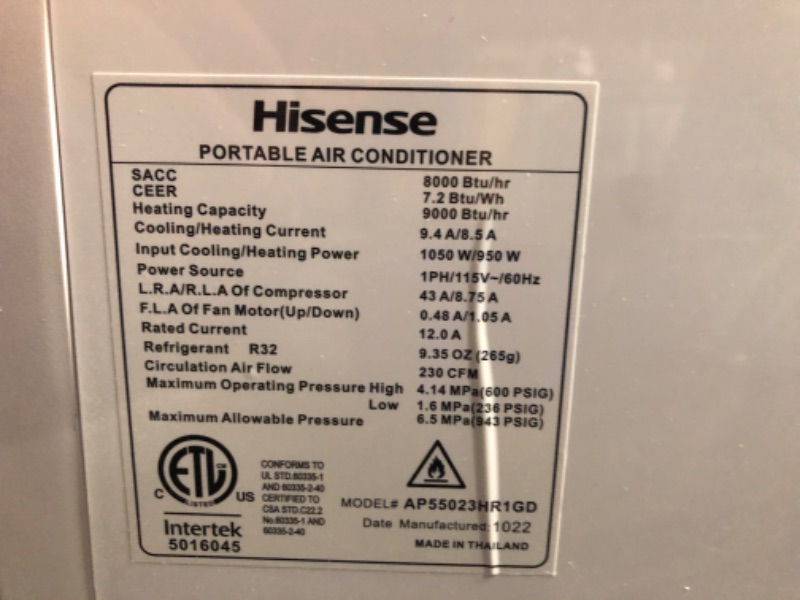 Photo 7 of ***USED - POWERS ON - UNABLE TO TEST FURTHER - LIKELY MISSING PARTS***
Hisense Smart SACC 8,000 BTU Dual Hose Portable Air Conditioner with Heat Pump, 4-modes (Cool, Heat, Fan, Dehumidifier) WiFi, Remote, Up to 550 sq. ft., AP55023HR1GD White - (Renewed)