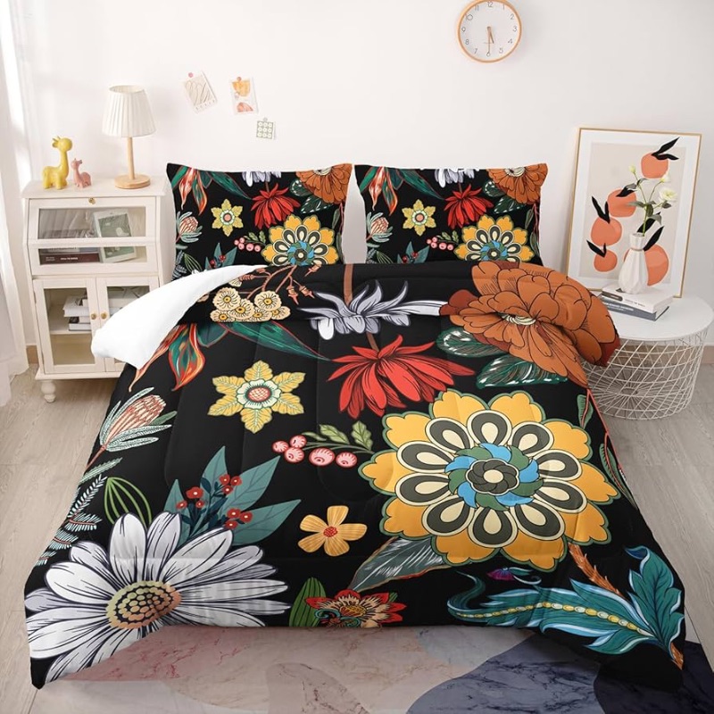 Photo 1 of  Pieces Colorful Floral Comforter Set,Bohemian Botanical Bedding Set Full Size,Boho Farmhouse Flower Leaves Printed on Black Design,All Season Lightweight Soft Microfiber Bedding with 2 Pillow Shams-Full/Queen