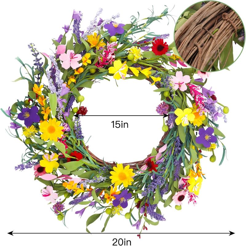 Photo 3 of (READ FULL POST) Summer Wreaths for Front Door: Outside Wreaths for Door All Season - 20 inch Outdoor Spring Grapevine Wreath Colorful Floral Decor 20" Colorful Flower