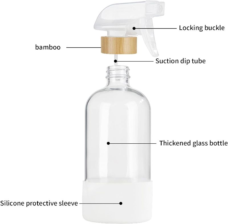 Photo 1 of **2 PACK** HOMBYS Empty Bamboo Glass Spray Bottles with Silicone Sleeve Protection - Refillable 17 oz Clear Glass Containers 