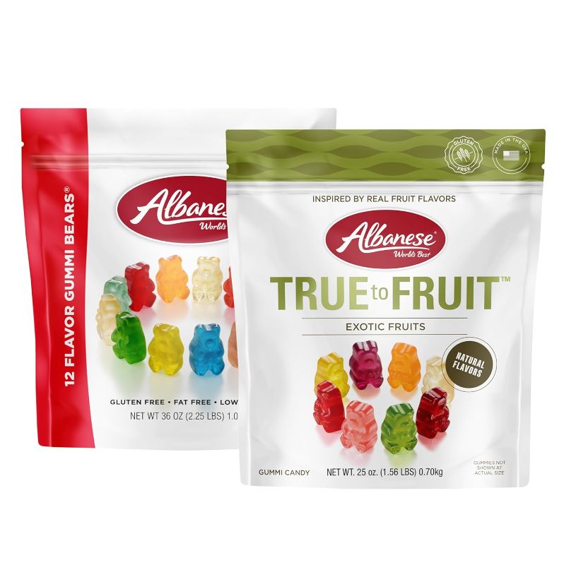 Photo 1 of ***NON REFUNDABLE **EXP:9/15/24***Albanese World's Best Family Share Pack, 12 Flavor Gummi Bears & True to Fruit Exotic Fruits , 1 - 36oz & 1 25oz bags of Candy, Back to School Lunchbox Treats
