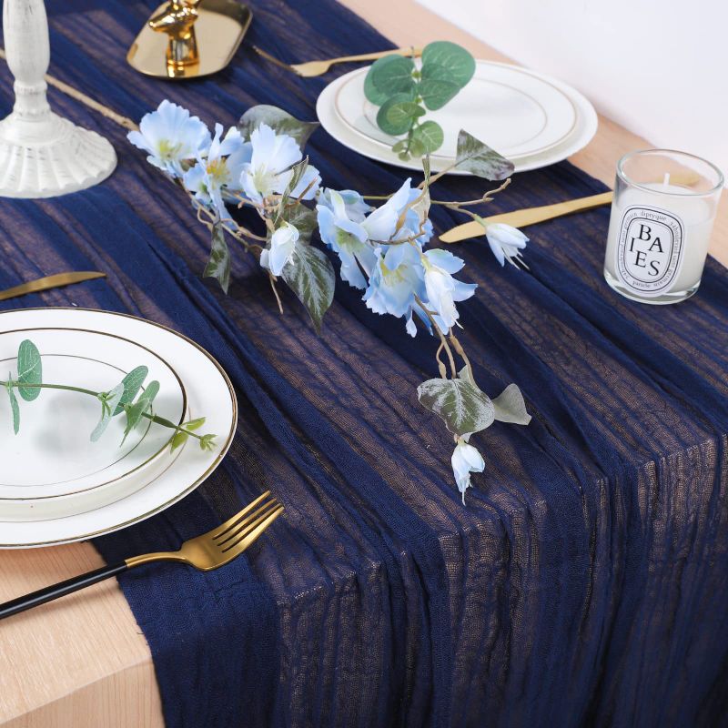 Photo 1 of **BUNDLE**(2 qty) Whaline 13Ft x 35" Semi-Sheer Table Runner Extra Long Navy Blue Cheesecloth Tablecloth 