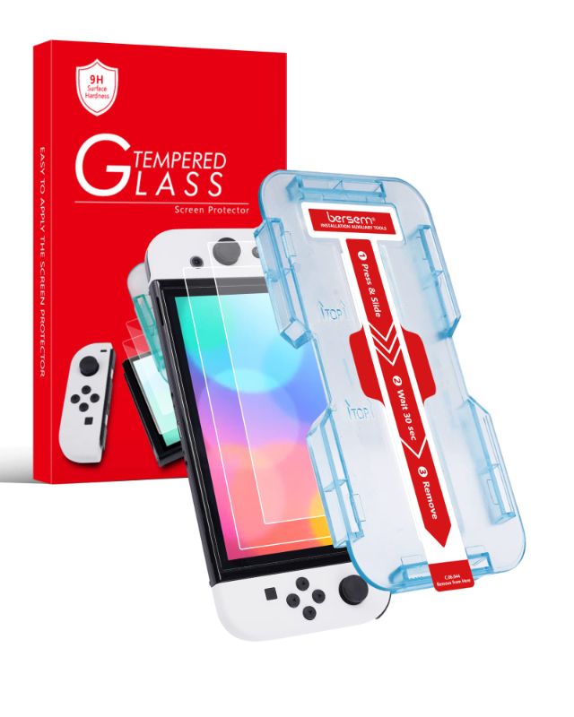 Photo 1 of **BUNDLE**(2 qty) bersem [2 Pack Tempered Glass Screen Protector Compatible with Nintendo Switch OLED 7 inch 2021, Auto Alignment Kit/9H Hardness/Transparent HD Clear/Anti-Scratch/Bubbles Free/High Response