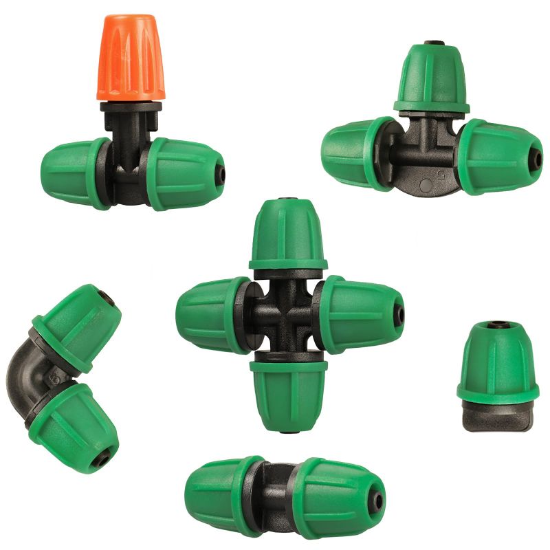 Photo 1 of (2 qty) Drip Irrigation Fittings Kit for 1/4" Tubing, 65 Pcs Drip Line Lock Barbed Connectors for Drip Systems - 18 Couplings, 15 Tees, 12 End Caps,1 0 Elbows, 5 Cross Connectors, 5 Misters Nozzles