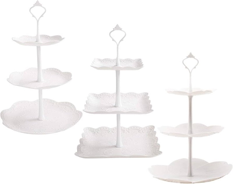 Photo 1 of (READ FULL POST) Tosnail 3 Pack 3 Tiers White Plastic Cupcake Stand Dessert Stand Tiered Serving Trays - Round, Square, Flower