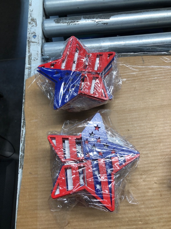 Photo 2 of **BUNDLE OF 2** OuMuaMua 4th of July Decorations, Patriotic Decoration 3D Wooden Star Table Centerpieces Red White and Blue Decorations for Memorial Day Independence Day, Home Office Table Tiered Tray Decor, 4 Pack