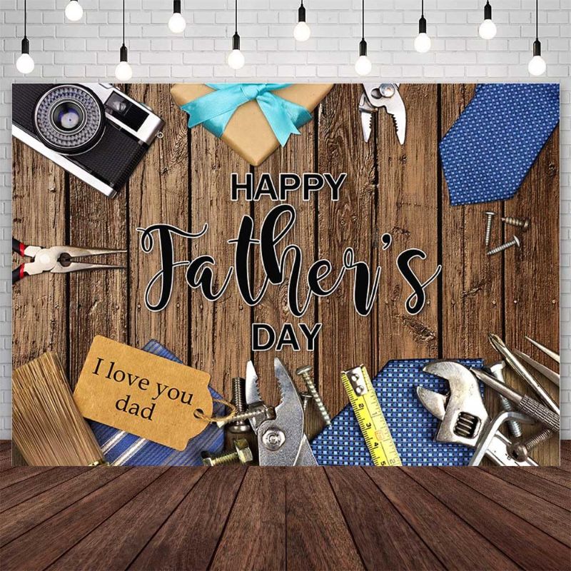 Photo 1 of 
**STOCK POHOTO FOR REF**  7x5ft Happy Fathers Day Backdrop Rustic Wood Tools and Ties Photography Background Shirt Tie Hat I Love You Dad Father's Day Party Decoration Supplies Banner Photo Booth Studio