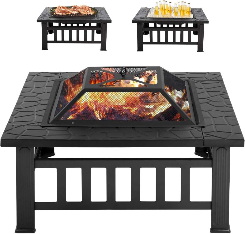 Photo 1 of *** MISSING TWO LEGS*** Outdoor Fire Pit for Wood, Metal Firepit for Patio Wood Burning Fireplace Square Garden Stove with Charcoal Rack, Poker & Mesh Cover for Camping Picnic Bonfire