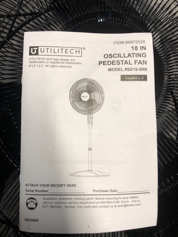 Photo 3 of *** MISSING BASE CIRCLE*** Utilitech 18-in 120-Volt 3-Speed Indoor Black Oscillating Pedestal Fan with Remote