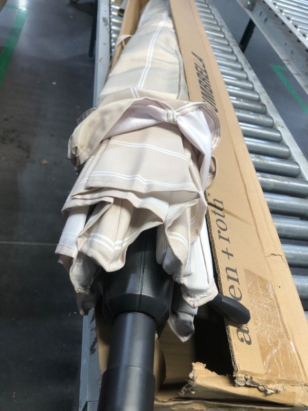 Photo 1 of ***USED - LIKELY MISSING PARTS - UNABLE TO VERIFY FUNCTIONALITY***
allen + roth 9-ft Aluminum Tan Striped Auto-tilt Market Patio Umbrella