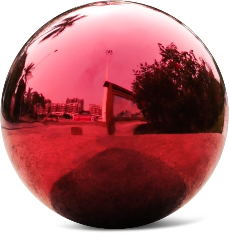 Photo 1 of **DAMAGE** Stainless Steel Red Gazing Mirror Ball,10inch *ball has 2 dents*
