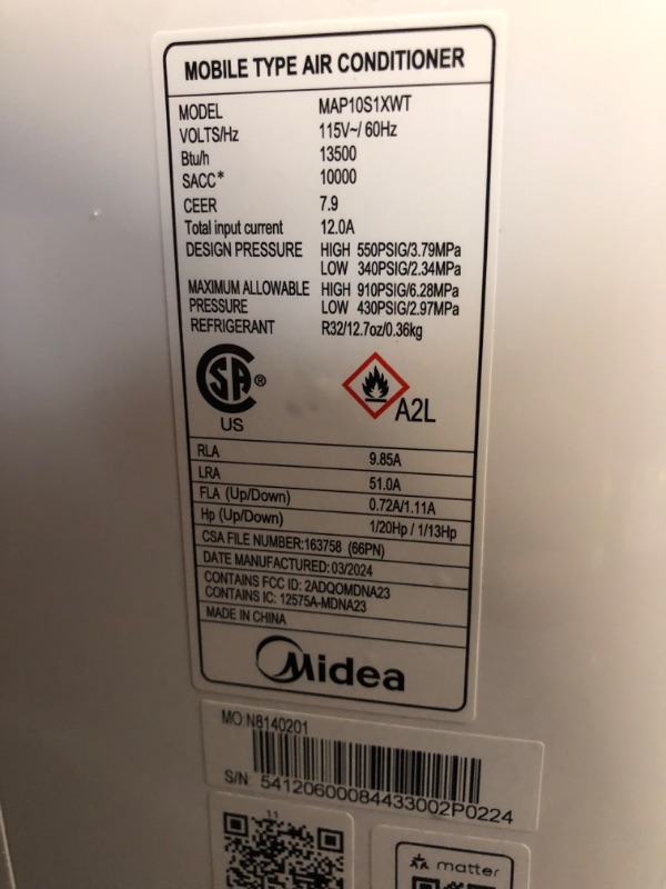 Photo 6 of ***HEAVILY USED AND DIRTY - POWERS ON - UNABLE TO TEST FURTHER - LIKELY MISSING PARTS - SEE PICTURES***
Midea 14,000 BTU ASHRAE (10,000 BTU SACC) Portable Air Conditioner, Cools up to 375 Sq. Ft., with Dehumidifier & Fan 