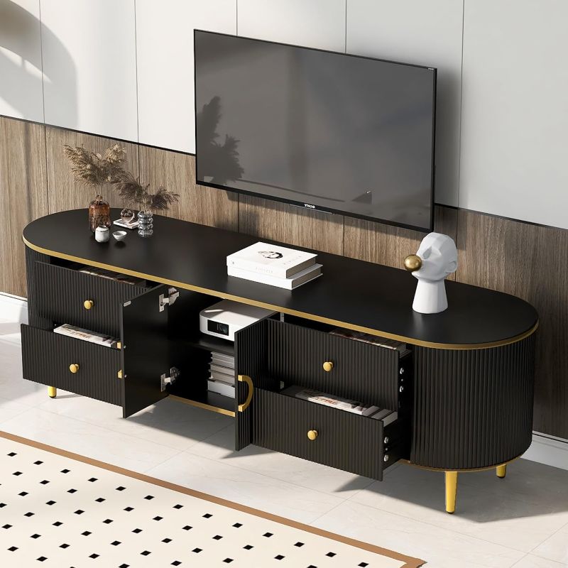 Photo 1 of ***STOCK PHOTO REFERENCE ONLY***
Fluted Modern TV Stand, Wood Entertainment Center with 4 Drawers and 2 Doors Black Gold