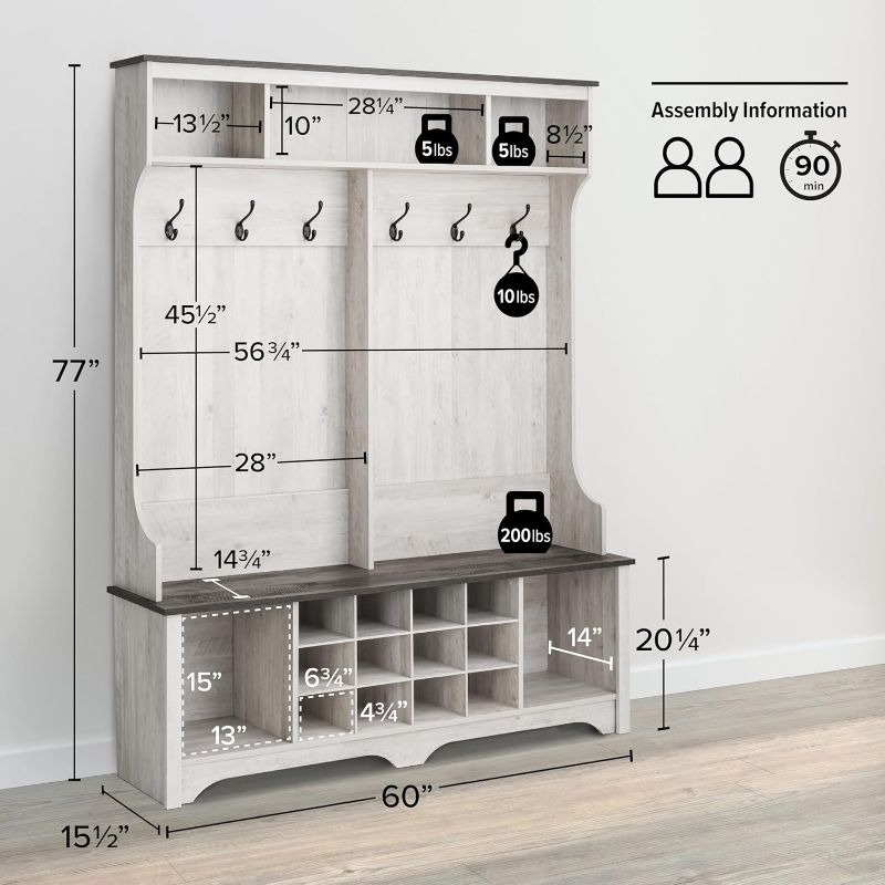 Photo 5 of (READ FULL POST) Prepac Hall Tree Hallway Storage Cabinet with Shoe Cubbies and Coat Hooks, 15.5" D x 60" W x 77" H, Washed White

