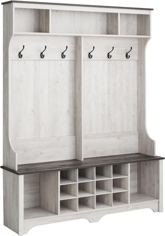 Photo 1 of (READ FULL POST) Prepac Hall Tree Hallway Storage Cabinet with Shoe Cubbies and Coat Hooks, 15.5" D x 60" W x 77" H, Washed White

