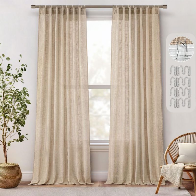 Photo 1 of (READ FULL POST) MIULEE 96 Inches Long Natural Linen Curtains 2 Panels, Pinch Pleated Hooks Thick Linen Textured Window Drapes for Bedroom Living Room Back Tab Semi Sheer Light Filtering Neutral Farmhouse Cream Ivory W50 x L96 Birch