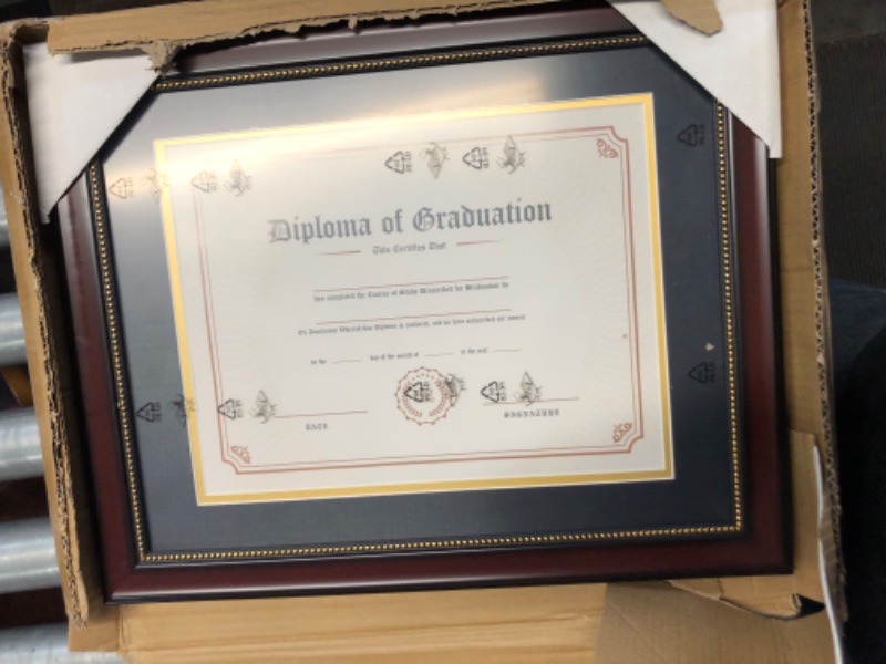 Photo 2 of ***USED - SCRATCHED - SEE PICTURES***
GraduatePro 8.5x11 Diploma Frame, Picture Frame for Wall and Tabletop Display with UV Protection Acrylic, Professional Wooden Look, Mahogany with Gold Beaded Mahogany With Gold Beads 8.5x11