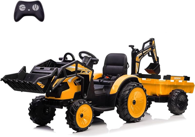 Photo 1 of ***USED - DAMAGED - UNABLE TO TEST - SEE COMMENTS***
3 in 1 Ride on Tractor, Excavator & Bulldozer, 24V Kids Electric Vehicles w/Trailer, Digger, Shovel Bucket, Ride on Car Toys w/Remote Control, 3 Speed, EVA Tires, LED Lights, Yellow