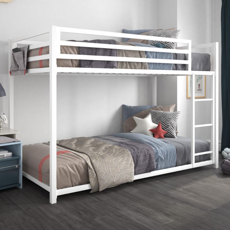 Photo 1 of **FOR PARTS ONLY (NON REFUNDABLE)**
DHP Miles Low Metal Bunk Bed Frame for Kids, With Built-in Ladder, High Guardrail and Metal Slats, Floor Bed Bottom Bunk, No Boxspring Required, For Small Spaces, Twin-Over-Twin, White Twin White