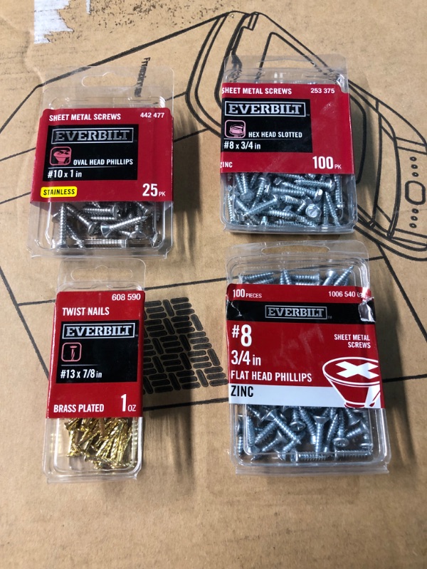 Photo 8 of **BOX OF MISC HARDWARE/COSMETIC (SCREWS) SIZES VARY**
#8 x 1-1/2 in. Slotted Hex Head Zinc Plated Sheet Metal Screws