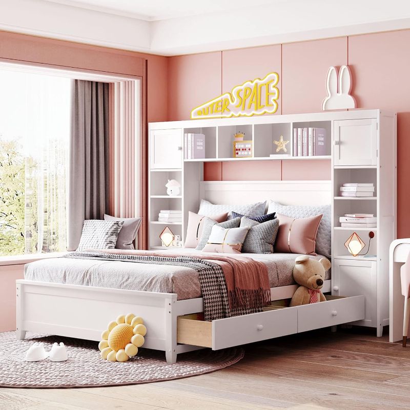 Photo 1 of *****STOCK IMAGE FOR SAMPLE*****
Full Size Platform Bed with Storage Drawers and Bookcase Headboard, Wood Full Bed with All-in-One Cabinet and Shelf, Full Storage Bed Frame for Bedroom, No Box Spring Needed, White