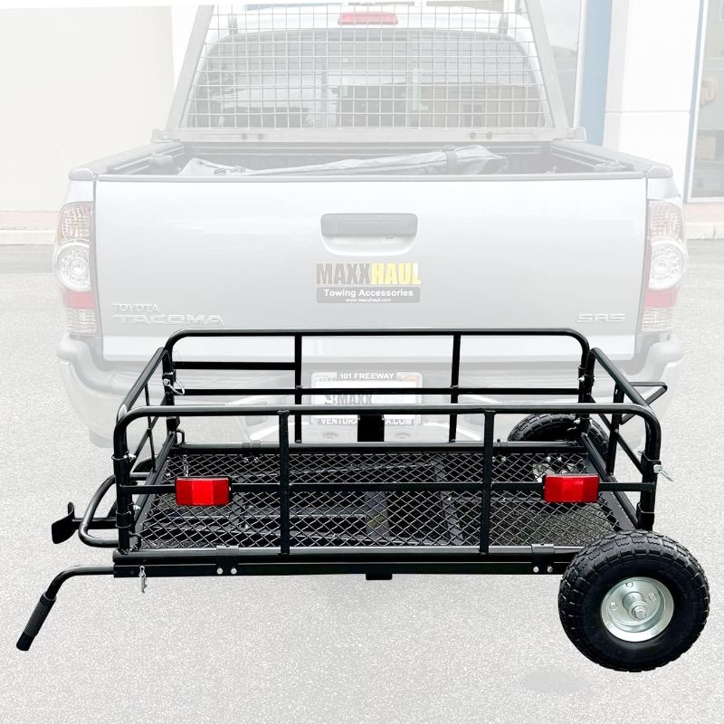 Photo 1 of ***STOCK PHOTO FOR REFERENCE ONLY - ACTUAL ITEM MAY DIFFER - SEE COMMENTS***
MaxxHaul Foldable Hitch N Roll Cargo Carrier Cart With Quick Detachable Basket Rack Black Metal Construction