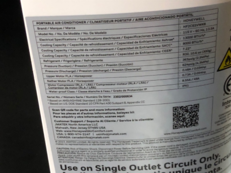 Photo 1 of ***USED - POWERS ON - UNABLE TO TEST FURTHER - NO PACKAGING - LIKELY MISSING PARTS - SEE PICTURES***
Honeywell 13,000 BTU Smart WiFi Portable Air Conditioner for Bedroom, Basement, Living Room, 115V, Cools Rooms Up to 625 Sq. Ft, Dehumidifier with Alexa V