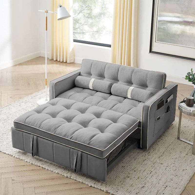 Photo 1 of ***STOCK PHOTO REFERENCE ONLY***
3 in 1 Sleeper Sofa Couch Bed, Small Tufted Velvet Convertible Loveseat Futon Sofa w/Pullout Bed, Adjustable Backrest, Cylinder Pillows for Living Room Apartment, Easy to Assemble, Grey, 55.5"
