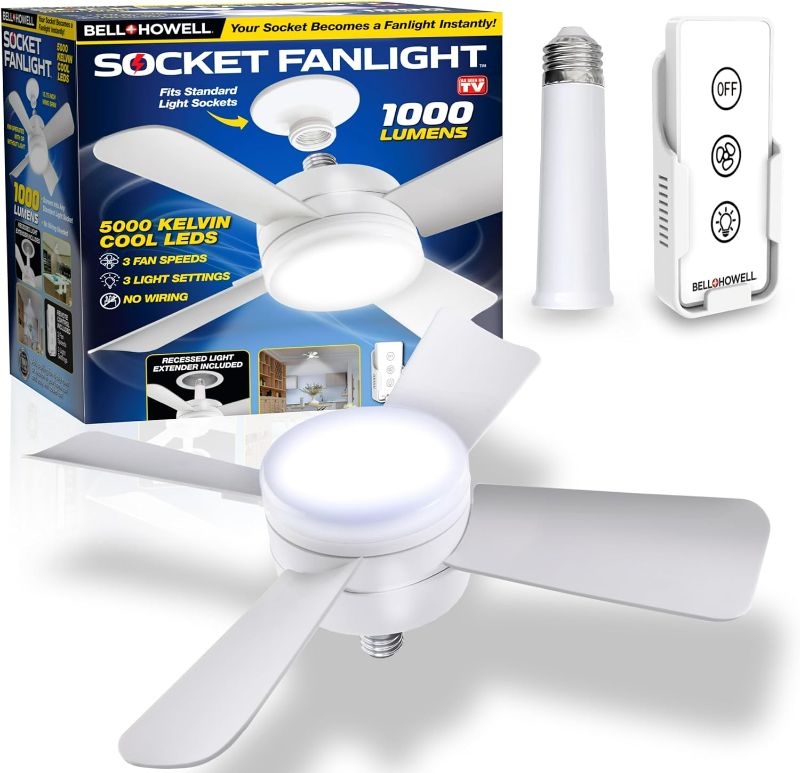 Photo 1 of ***PARTS ONLY*** Socket Ceiling Fan with Light and Remote Control 1000 Lumens - Bell + Howell