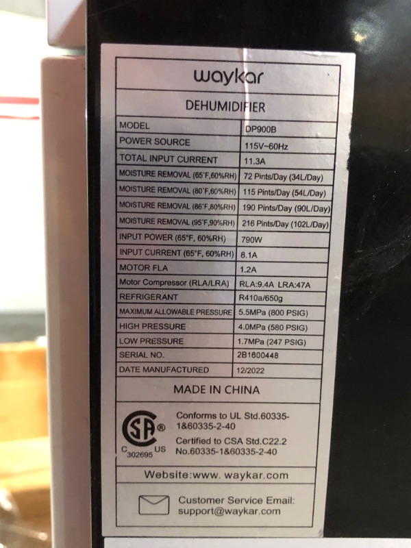 Photo 3 of ***DAMAGED - NO PACKAGING - SEE COMMENTS***
Waykar 216 Pints Large Commercial Dehumidifier with Drain Hose, Dehumidifier in Large Space up to 8500 Sq. Ft for Large Basements, Industrial/Commercial Spaces, Job Sites, Whole House, 5-Year Warranty 216 Pints 