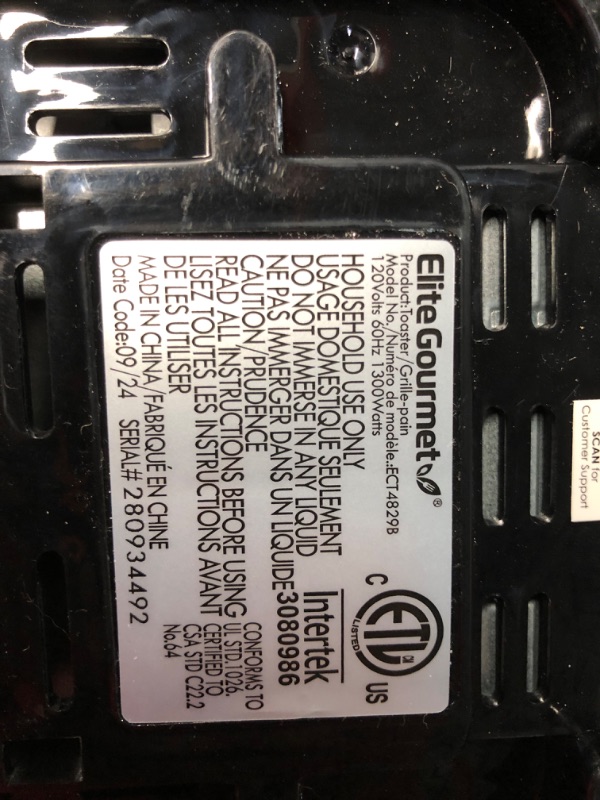 Photo 6 of ***USED - NO PACKAGING - UNABLE TO TEST***
Elite Gourmet ECT4829B Long Slot 4 Slice Toaster, 6 Toast Settings Toaster Defrost, Reheat, Cancel Functions, Slide Out Crumb Tray, Extra Wide Slots for Bagels Waffles, Black