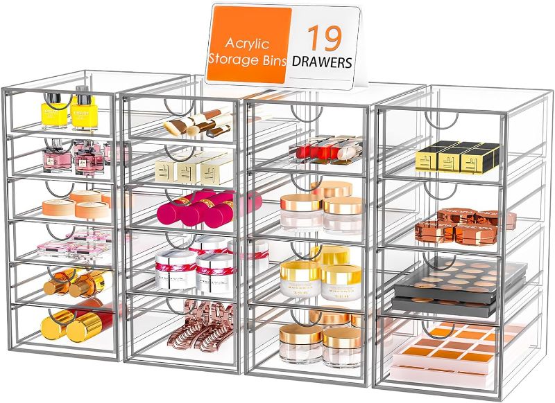 Photo 1 of (READ FULL POST) Acrylic Makeup Organizer with 19 Drawers, 4 Pack Clear Storage Drawers, Bathroom Makeup Organizer for Palettes, Cosmetic, and Beauty Supplies,Ideal for Vanity, Cabinet,Desk Organization