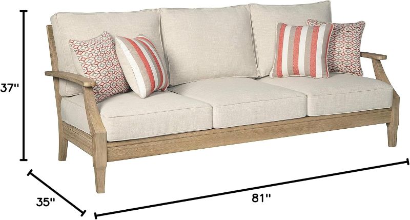 Photo 6 of (READ FULL POST) Signature Design by Ashley Clare View Coastal Outdoor Patio Eucalyptus Sofa + Loveseat with Cushions, Beige Sofa Sofa + Loveseat