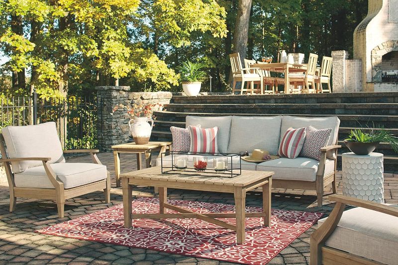 Photo 5 of (READ FULL POST) Signature Design by Ashley Clare View Coastal Outdoor Patio Eucalyptus Sofa + Loveseat with Cushions, Beige Sofa Sofa + Loveseat