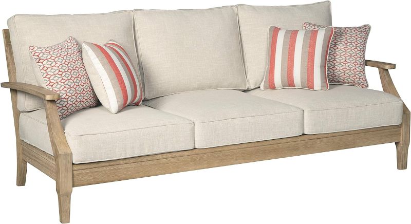 Photo 1 of (READ FULL POST) Signature Design by Ashley Clare View Coastal Outdoor Patio Eucalyptus Sofa + Loveseat with Cushions, Beige Sofa Sofa + Loveseat