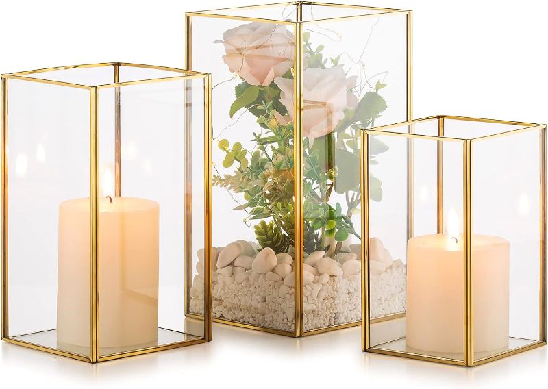 Photo 1 of  3 Pcs Gold Nuptio Glass Hurricane Candle Holder Gold Pillar Candle Holders Large Rectangular Candleholder Table Centerpieces Decoration for Wedding Party Thanksgiving Ornaments 9.5 & 8.1 & 6.5 inch 9.5 & 8.1 & 6.5 inch H - 3 Pcs Gold