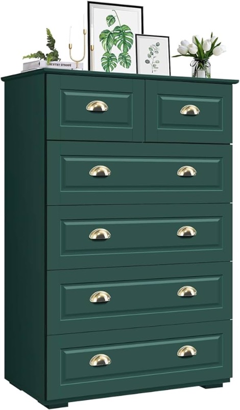 Photo 1 of 6 Drawer Dresser for Bedroom, Tall Dresser Chest of Drawers with Metal Handles, Modern Wood Dresser Storage Cabinet for Living Room, Hallway, Entryway, Home Office, Green