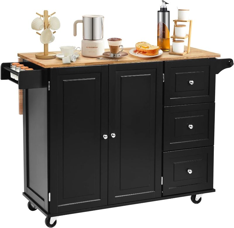 Photo 1 of ***STOCK PHOTO REFERENCE ONLY***SEE NOTES***
COSTWAY Kitchen Island Cart on Wheels, w/ 2-door Cabinet, 3 Drawers & Towel/Spice Rack, Utility Cabinet w/Drop-leaf Rubber Wood Top & Adjustable Shelves for Home Kitchen, Dinning Room (Black)
