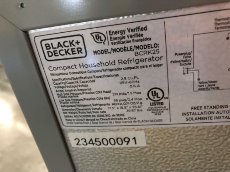 Photo 6 of ***USED - MAJOR DAMAGE - NO PACKAGING - UNABLE TO TEST***
BLACK+DECKER BCRK25V Compact Refrigerator Energy Star Single Door Mini Fridge with Freezer, Cubic Feet, VCM, 2.5 cu.ft, Brushed Metal Finish,Grey