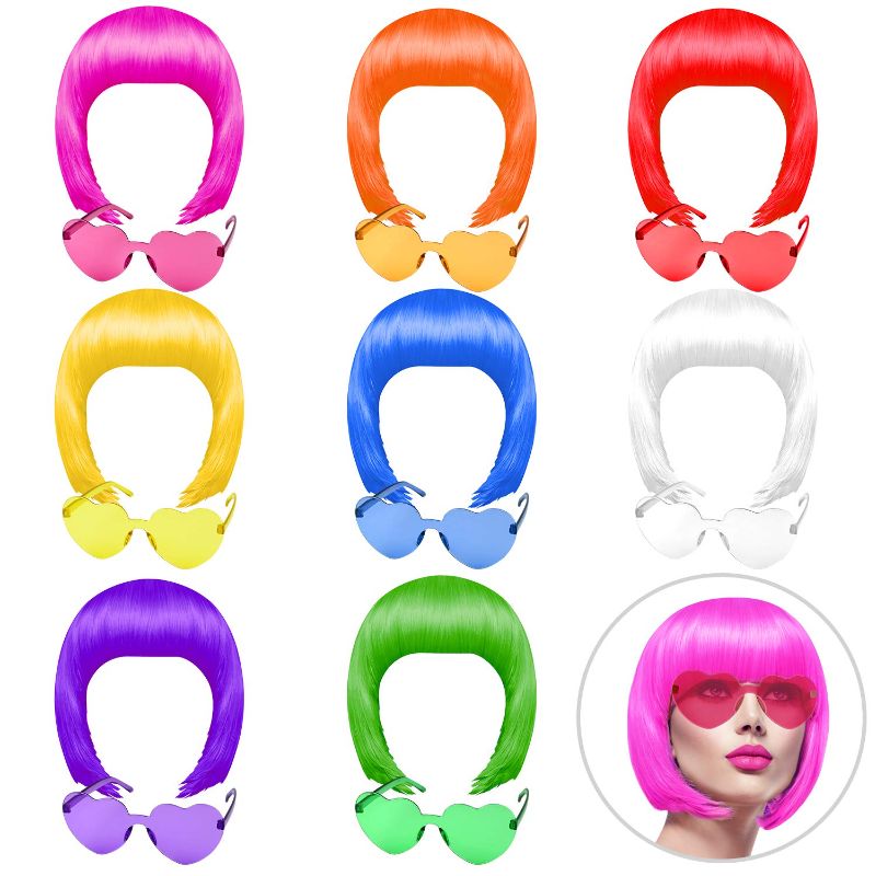 Photo 1 of ***STOCK PHOTO REFERENCE ONLY***
16 Pieces Party Wigs and Sunglass Set, Neon Short Bob Wig Sunglass Pack Costume Colorful Cosplay Wig Daily Party Hairpieces for Bachelorette Neon Party Favors, Halloween and Decorations