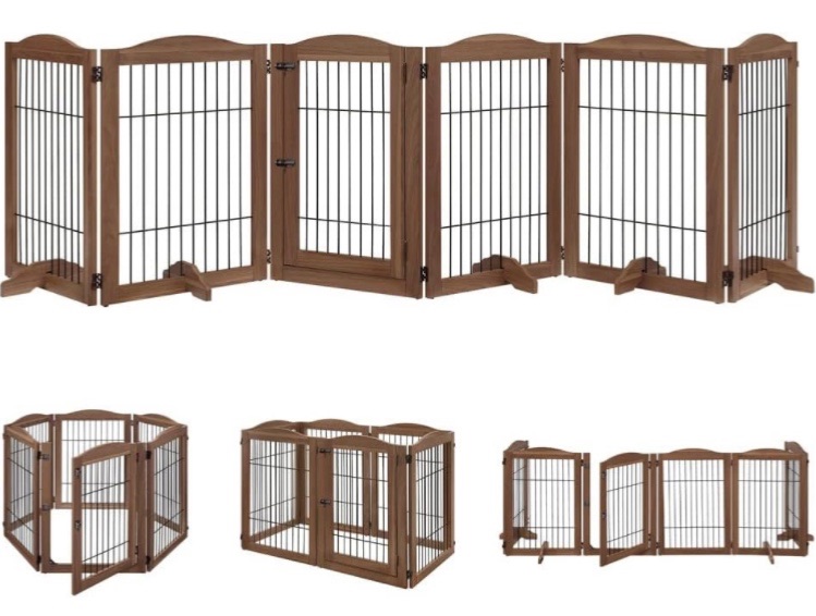 Photo 1 of (minor damage)(no returns))
 Extra Wide Dog Gate and Pet Playpen, Free Standing Tall Dog Fence with Walk Through Door, Dog Barriers for Home, Use as Indoor Dogs Cats Pen, Rabbit Pen, Baby Gate,---natural wood color
