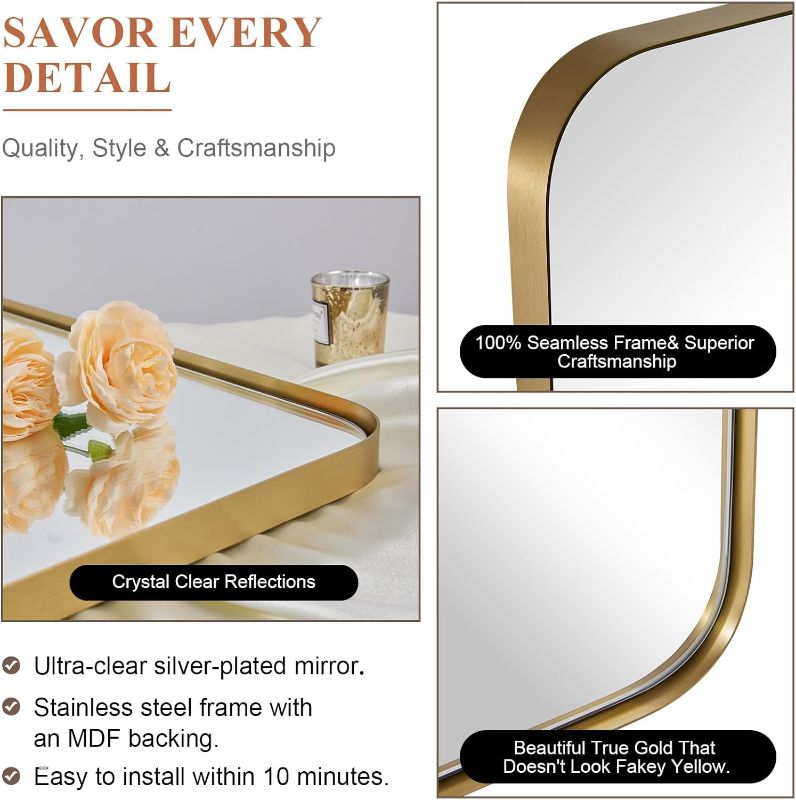 Photo 4 of (READ FULL POST) ANDY STAR 30"x40"Gold Bathroom Mirror for Wall, Brushed Brass Metal Rounded Corner Rectangle Modern Mirror, Modern Framed in Stainless Steel 30" x 40" Gold