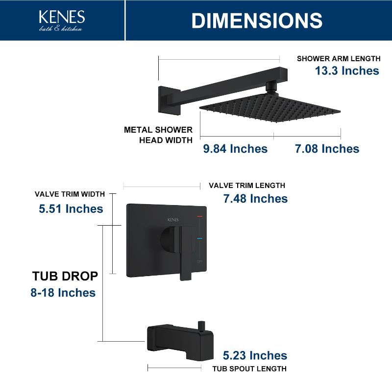 Photo 5 of (READ FULL POST) KENES Modern Matte Black Shower Faucet Set, Tub and Shower Trim Kit with Single-Spray Black Shower Head, Square Shower Faucet, KE-6024A-2 (Shower Valve Included) Tub & Shower Faucet Matte Black