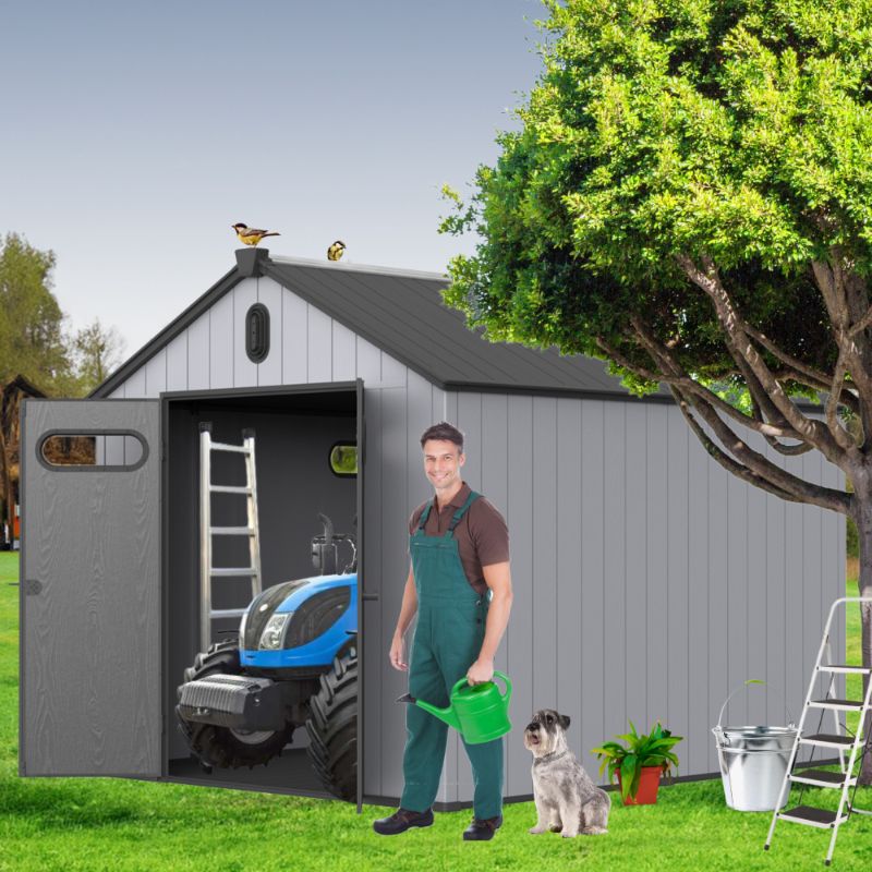 Photo 1 of **ONLY ONE BOX OUT OF THREE**
Segmart 8' x 10' Plastic Outdoor Storage Shed with Floor, All-Weather Plastic Shed with Lockable Doors & Window, Plastic Storage Tool Shed for Backyard, Patio, Poolside, Lawn, Gray + Black 