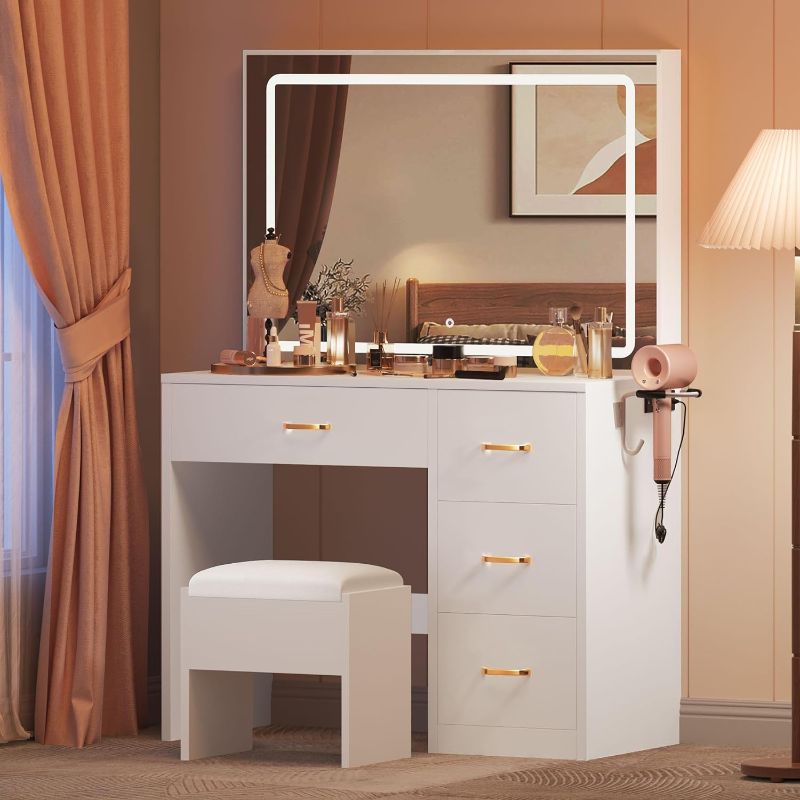 Photo 1 of * MISSING HARDWARE* SEE NOTES* DWVO Makeup Vanity Desk with Large Lighted Mirror with Power Outlet and LED Strip, 3 Color Lighting Modes with Adjustable Brightness, 4 Drawer Vanity Table with Cushioned Stool, Milky-White
