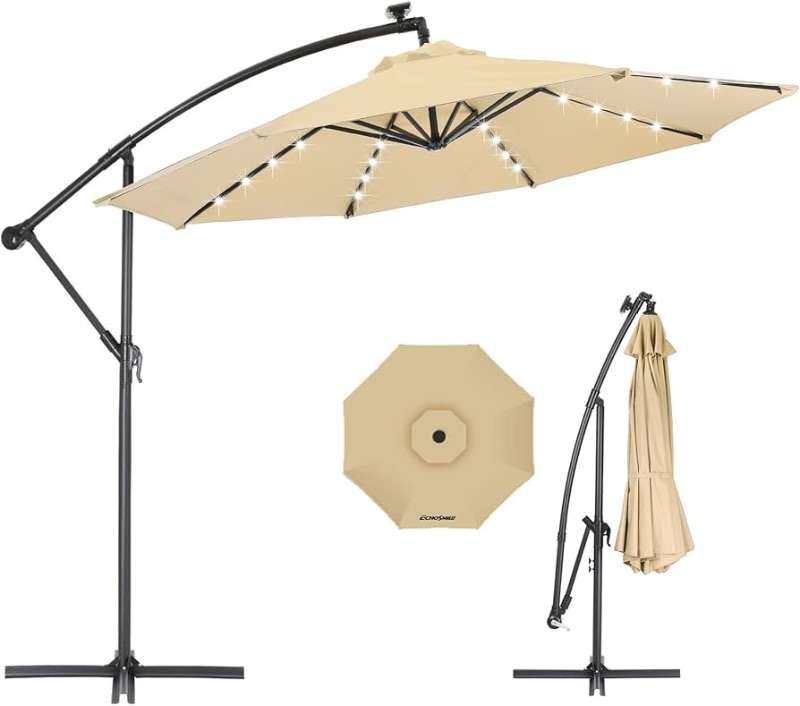 Photo 1 of ***USED - LIKELY MISSING PARTS - UNABLE TO VERIFY FUNCTIONALITY***
EchoSmile 10ft Solar Offset Patio Umbrella With 8 Ribs and 32 Led Lights Cantilever Hanging Outdoor Umbrella Crank w/easy Tilt Adjustment & Uv Protection Suitable For Gardens, Lawns, Decks