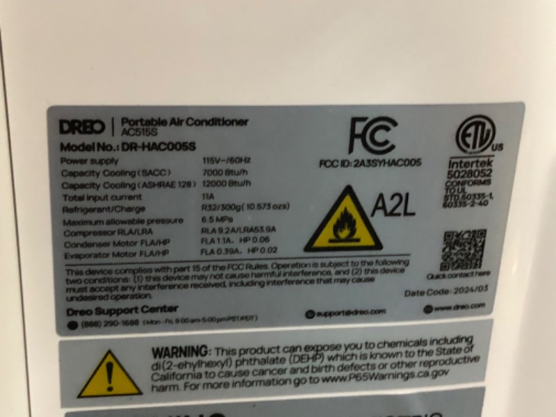 Photo 8 of ***USED - DAMAGED - MISSING PARTS - SEE COMMENTS***
Dreo Portable Air Conditioners, 12,000 BTU AC Unit for Bedroom with Drainage-free Cooling, 46dB Quiet, APP/Voice/Remote, 24h Timer with Fan & Dehumidifier, Smart Air Conditioner for Room Indoors 12,000 B