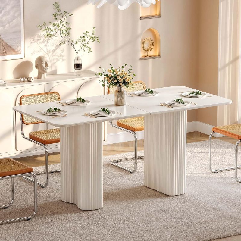 Photo 1 of ***CHAIRS AREN'T INCLUDED*** DWVO 63'' Dining Table for 4-6 People Modern Rectangular Kitchen Table with Solid Wave Curved Legs Large Cream White Dinner Table for Dining Room Kitchen Home Office Apartment Office